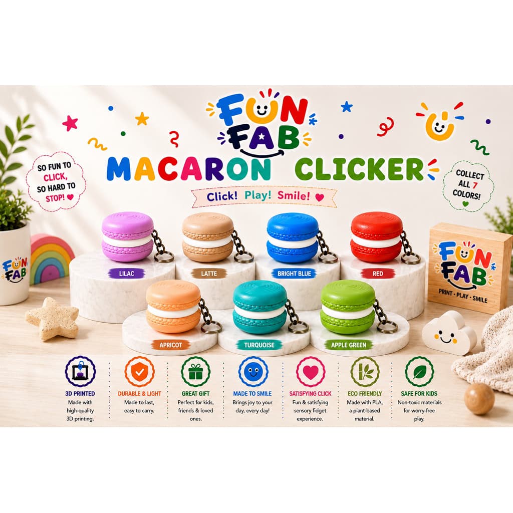 FunFab Macaron Clicker Keychains in seven colours with branded card