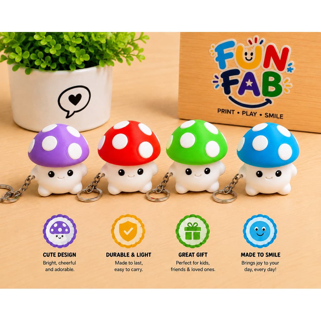 FunFab Mushroom Clicker Keychains in red, purple, green and blue with branded card