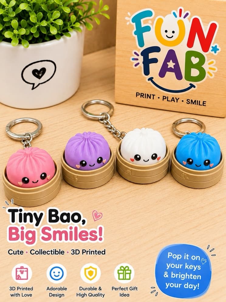 FunFab Dumpling Clicker Keychains in white, pink, blue and purple with branded card